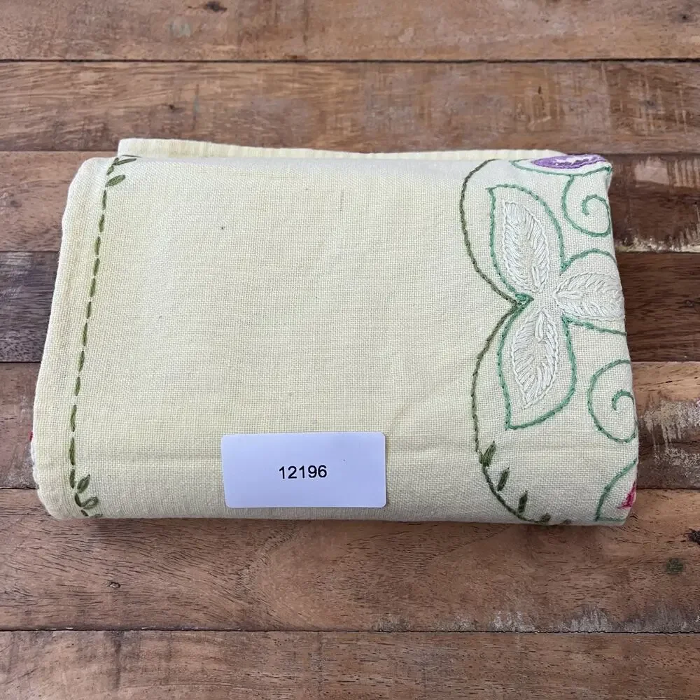 Hand-Embroidered Linen Kitchen Towel 29 x 33 in Yellow w/ Multicolor Floral